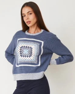 MONROW Crochet Pullover Sweater WASHEDBLUE Store